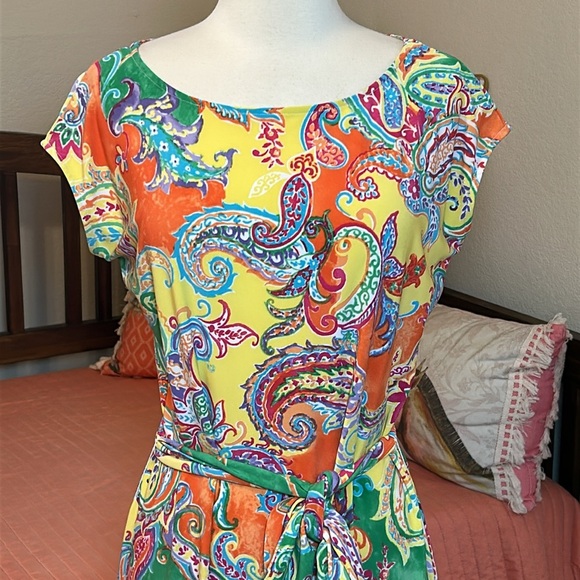 LAUREN RALPH LAUREN Multicolor Paisley Knit‎ Belted Sheath Dress size Medium - Picture 4 of 13